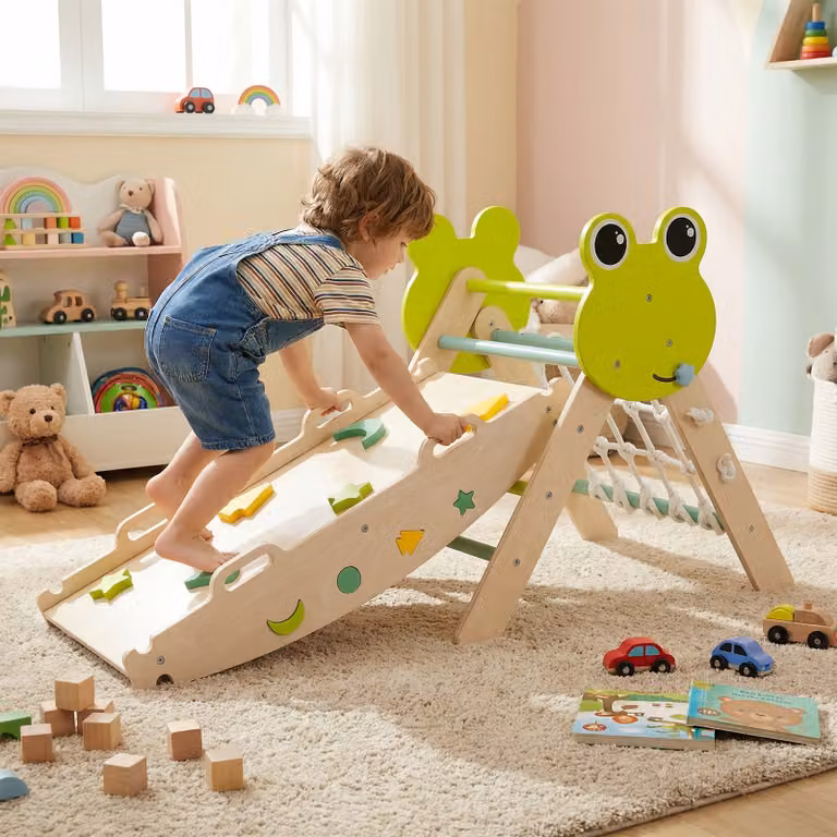 Set di arrampicata Montessori Costway pieghevole in legno multicolore con triangolo giungla, rampa e scalatore per bambini