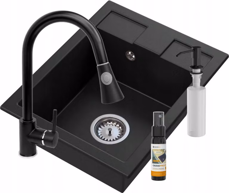 Granitan - Lavello in granito - Lavello da cucina - Lavello 50x40 cm - Nero - con rubinetteria - con mobile sottolavello - BEST
