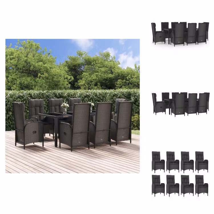vidaXL set da pranzo da giardino 9 pezzi con cuscini in poly rattan nero e grigio - Set di mobili da giardino