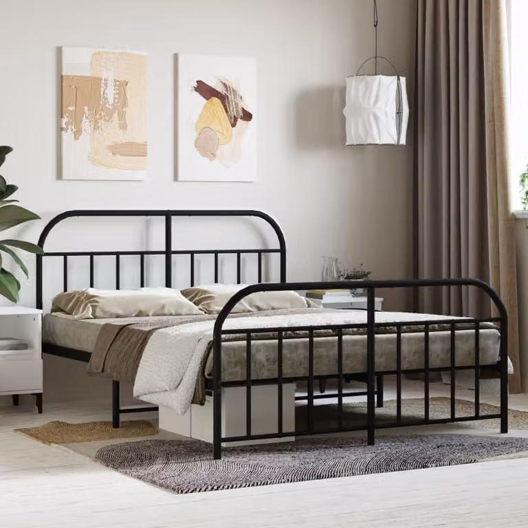 The Living Store Struttura letto con testiera e pediera in metallo nero 140x200 cm