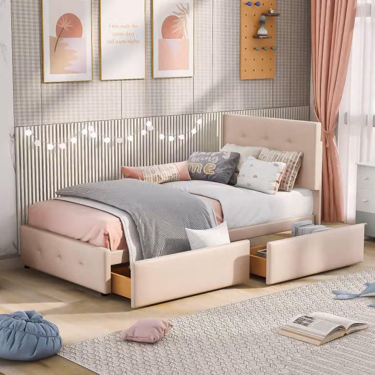 Letto imbottito Merax 90x200cm con testata regolabile in altezza, letto in legno singolo con due cassetti e rete a doghe, letto per ragazzi in velluto, letto per bambini, beige scuro
