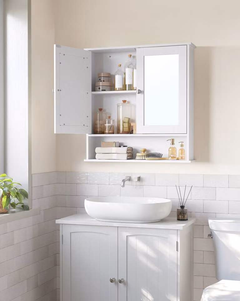 VASAGLE Armadio a specchio, armadio da bagno, 2 ante a specchio, ripiano aperto, bianco
