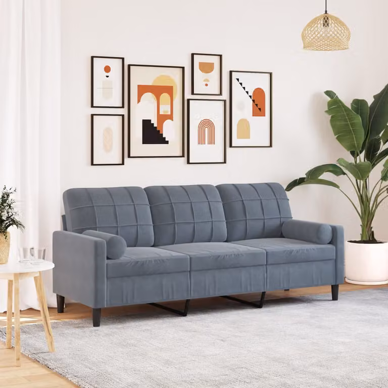 vidaXL Divano a 3 Posti Moderno in Velluto Grigio con Cuscini e Coperture Rimovibili L: 197 cm, P: 80 cm, H: 77 cm