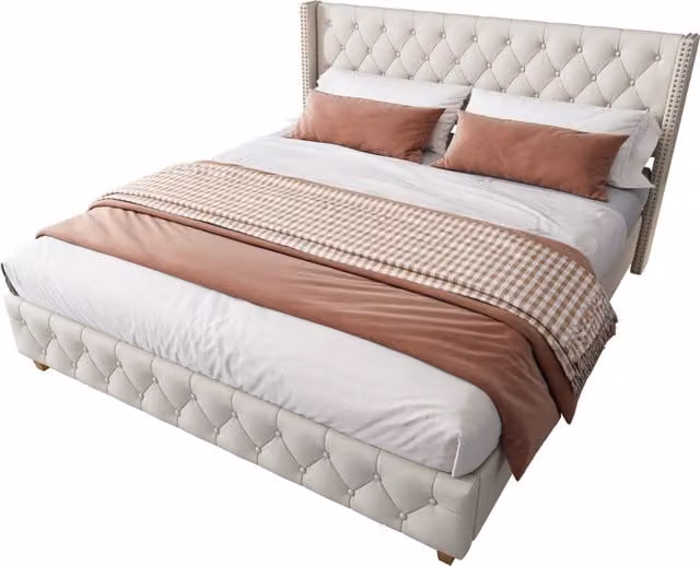 Letto Matrimoniale Imbottito Chicfurn in Lino Beige con Testiera con Rivetti L/P/H: 140 x 190 x 108 cm – 1