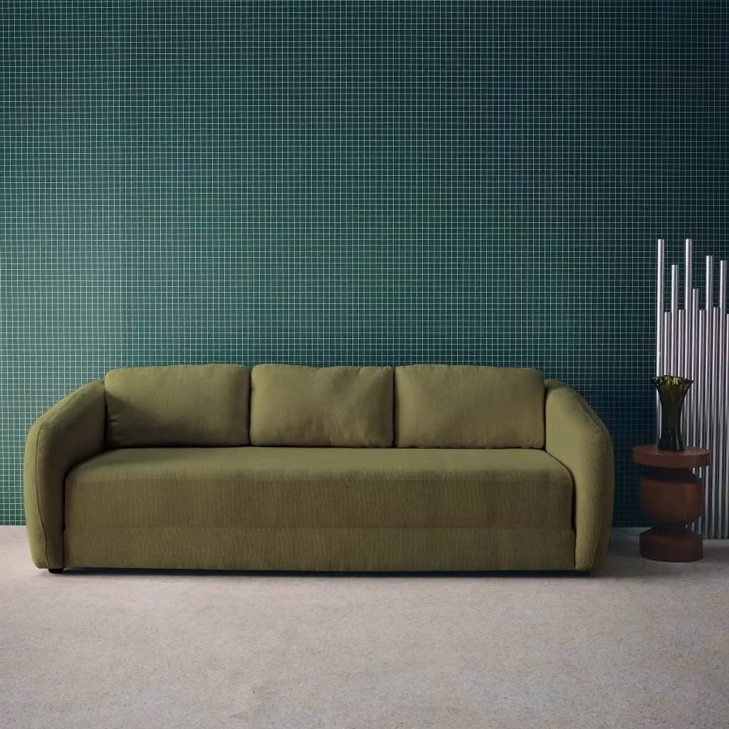 Divano letto moderno Sweeek in tessuto verde con struttura in legno e cuscini inclusi, 3 posti, L/P/H: 220 x 76 x 95 cm, superficie letto 140 x 200 cm – 2