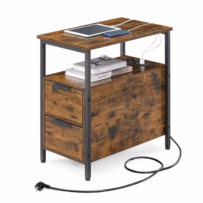 Tavolino con Stazione di Ricarica Marrone Vintage e Nero, Marrone Vintage + Nero Classico