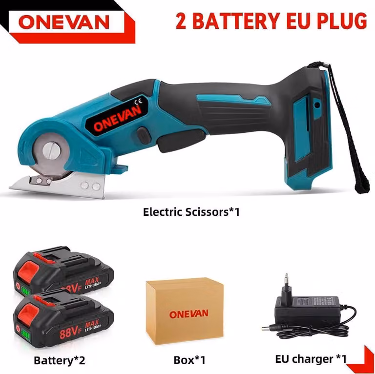 Forbici elettriche a batteria - Forbici multifunzione manuali - 800 W - 2 batterie + caricabatterie UE - Tagliano tessuto e pelle - Motore a spazzole - Rosso/Nero