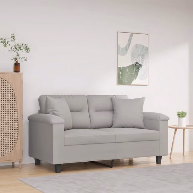 Divano 2 Posti Cuscini-Sofa 2 Posti con CusciniGrigio Chiaro 120 cm Tessuto Microfibra