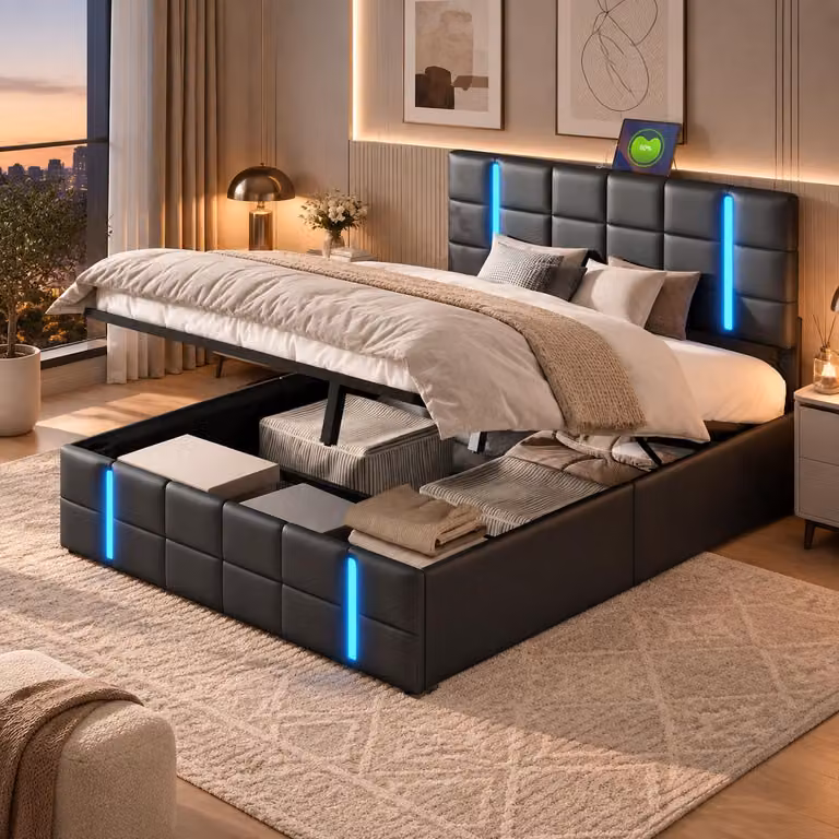 Letto matrimoniale idraulico INONEFT, 140x200 cm, con illuminazione a LED, letto a due piazze per ragazzi con prese USB, struttura del letto con rete a doghe, colore nero (PU)
