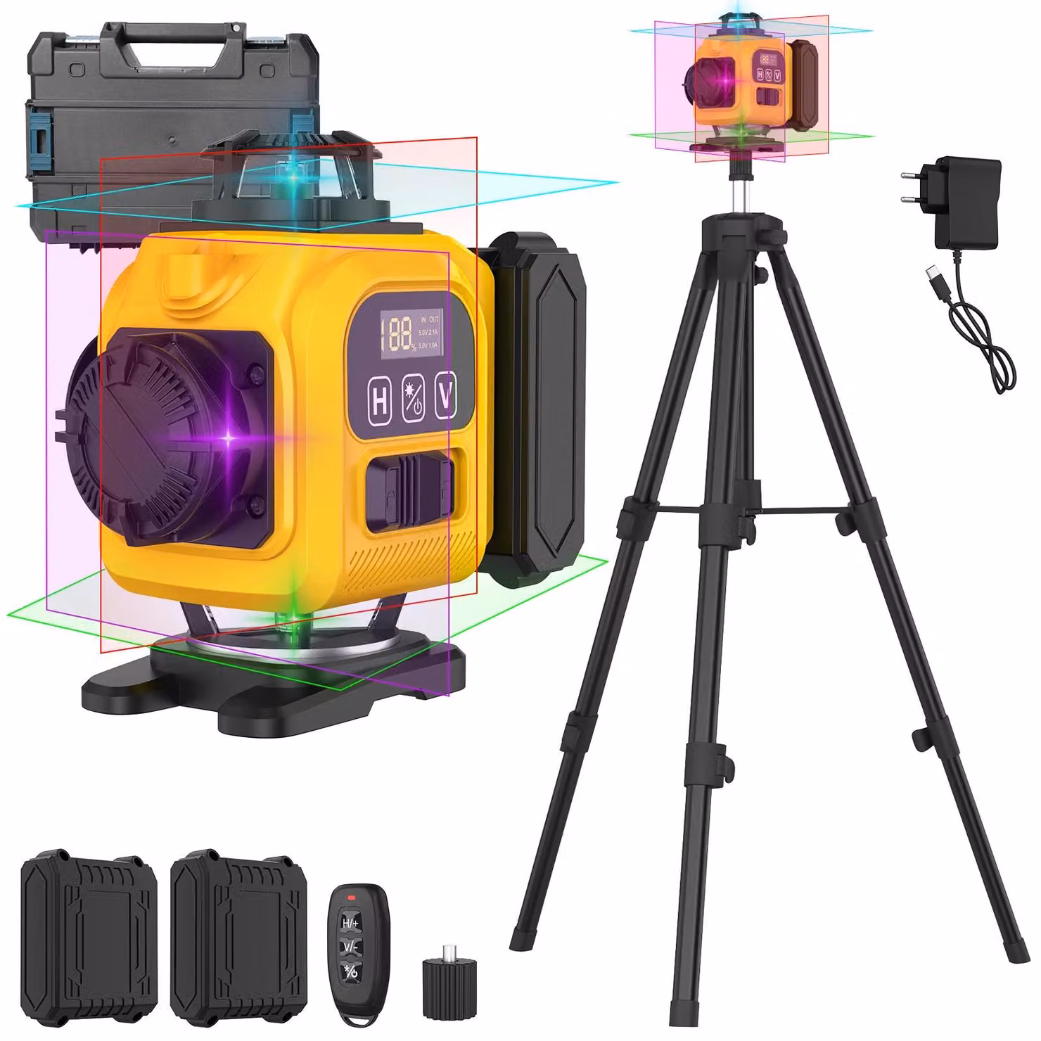 Livella laser a 4D - 16 linee - Autolivellante - 360° orizzontale e verticale - Raggio laser verde - 2 batterie - Colore: giallo