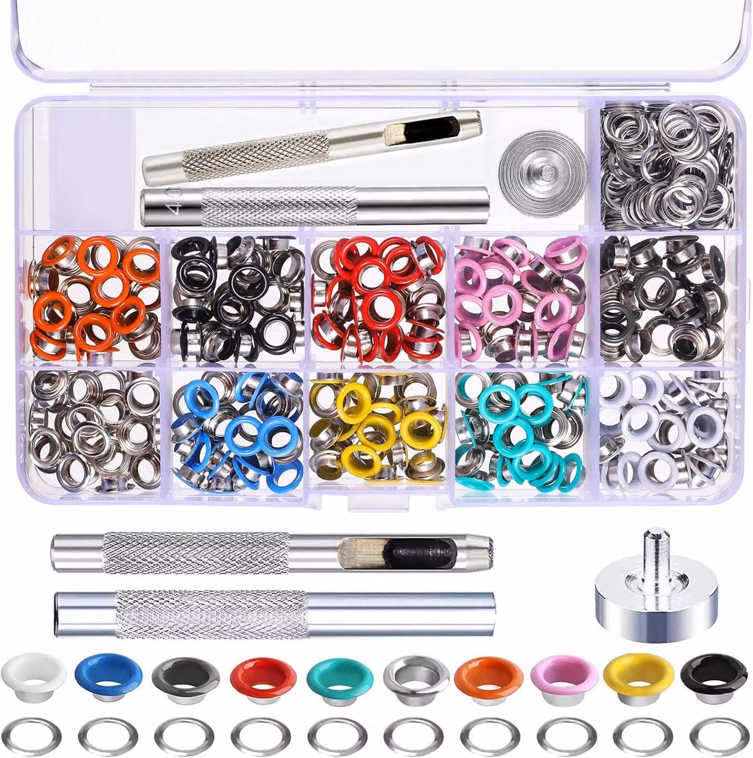 Set di occhielli metallici da 5 mm, 500 pezzi, 10 colori, con attrezzo per l'installazione, per scarpe e abbigliamento