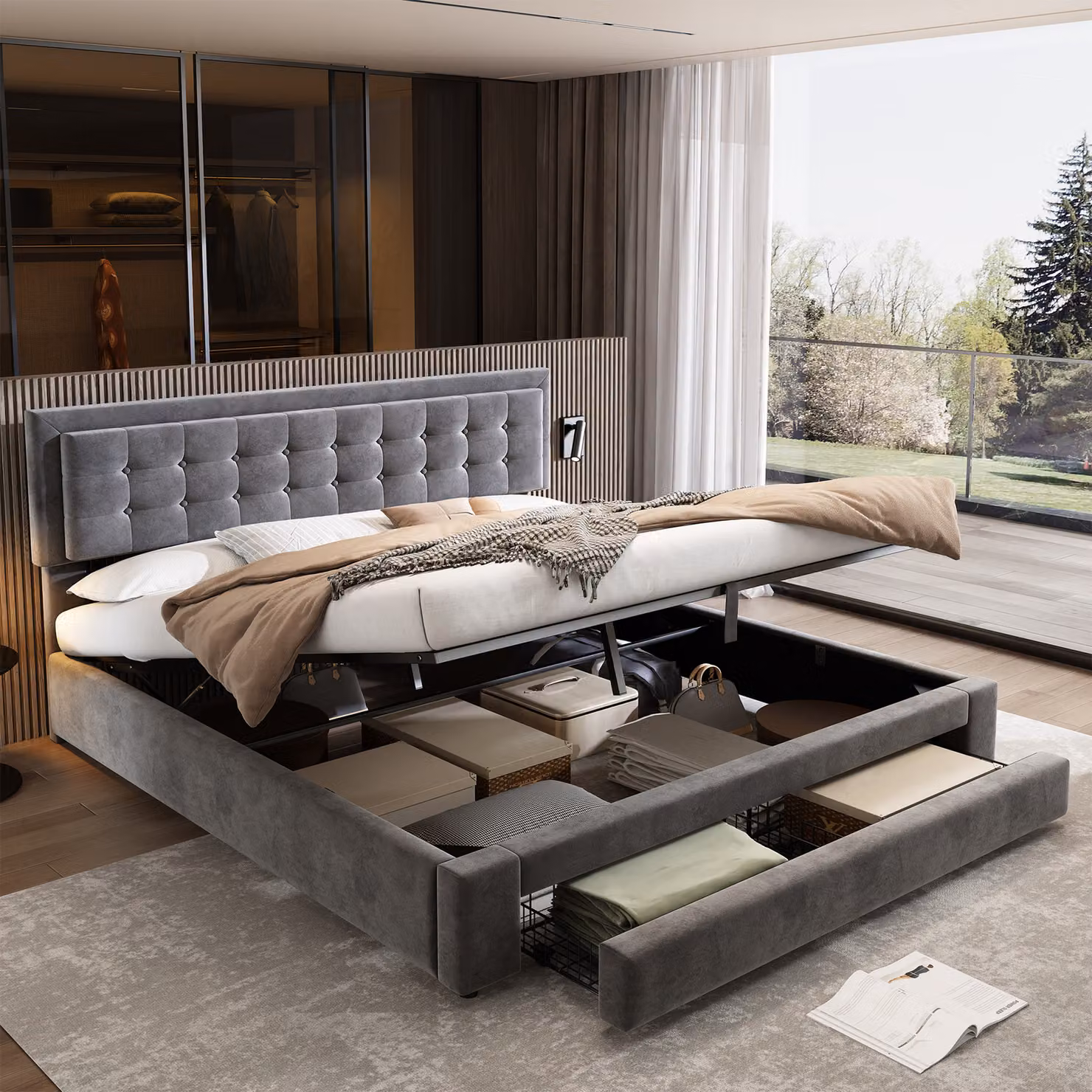 Letto imbottito STILVORA 160x200 cm, letto matrimoniale con contenitore, dotato di cassetti e vani contenitori, con rete a doghe e testiera, colore grigio (con materasso)