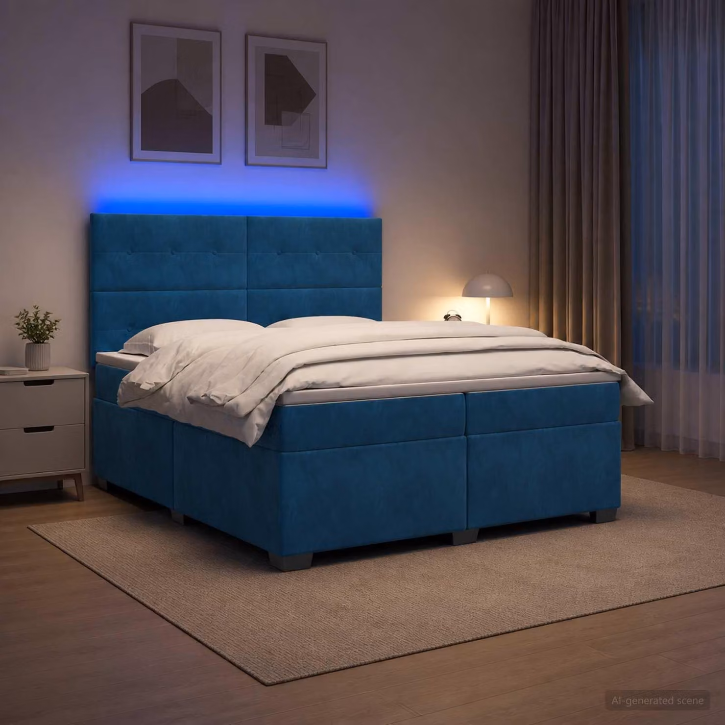 Letto matrimoniale con boxspring e materasso, imbottitura in velluto, con testiera blu, dimensioni 200 x 200 cm
