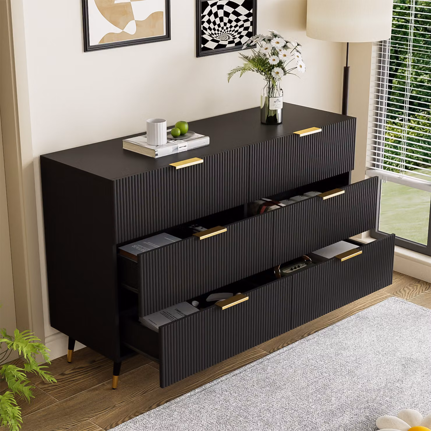Cassettiera AIORBER, sei cassetti, ampio spazio, legno pregiato, gambe dorate, credenza, per sala da pranzo, soggiorno, 120x77x40cm, nero
