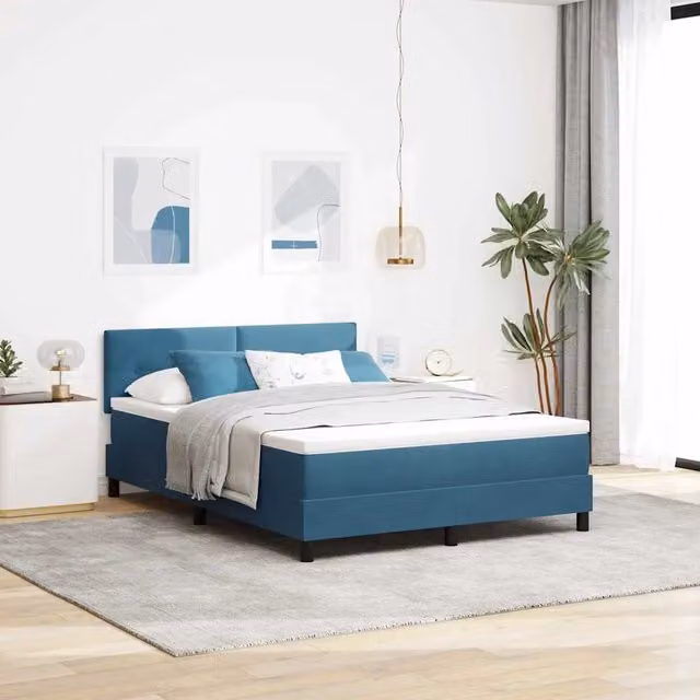 Letto a molle moderno vidaXL in velluto blu con testiera L: 140 cm, P: 200 cm, H: 103 cm