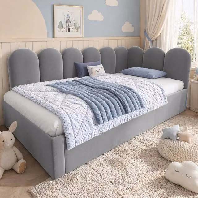 Letto da giorno moderno in tessuto grigio con struttura imbottita e cassetti L/P/H: 203 x 90 x 76 cm