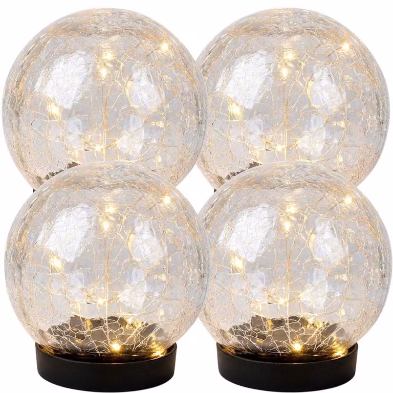 4 lampade solari a LED, con effetto vetro scheggiato, realizzate in vetro, a forma di sfera, grado di protezione IP44, con batteria integrata, diametro 12 cm