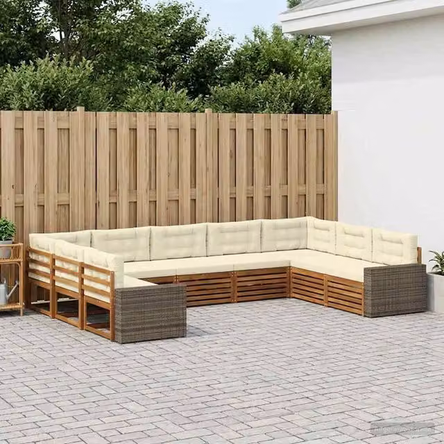 Set di divani da esterno vidaXL in legno di acacia con cuscini, composizione a L, beige e bianco – 1