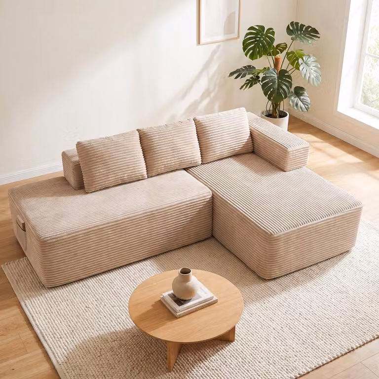 Divano componibile modello Ecksofa, con funzione letto, 228 cm, rivestito in velluto. Divano modulare "Boneless" con chaise longue e struttura in metallo per lo schienale. Divano a forma di L con funzione letto e struttura aperta