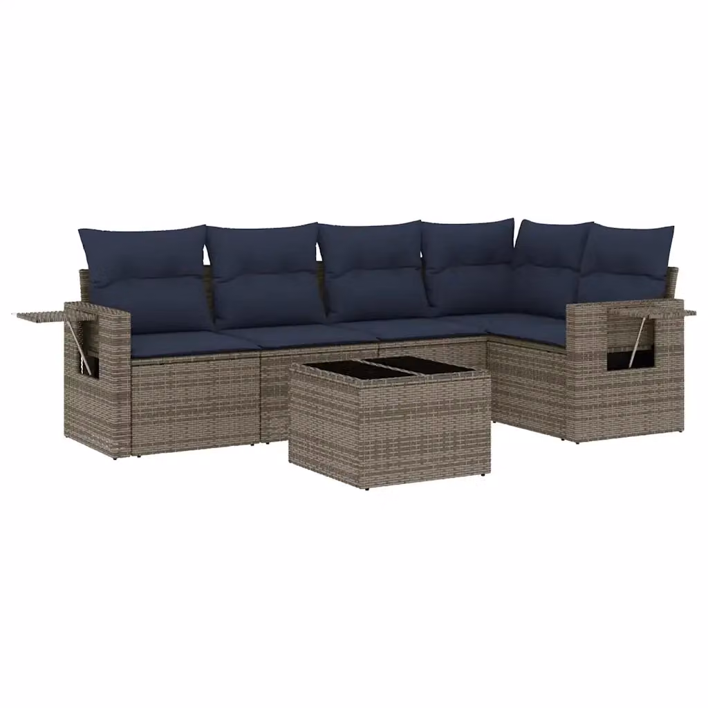 Set di Divani da Giardino a L con Tavolino vidaXL, 6 Pezzi in Polyrattan Grigio e Blu con Cuscini Inclusi – 2