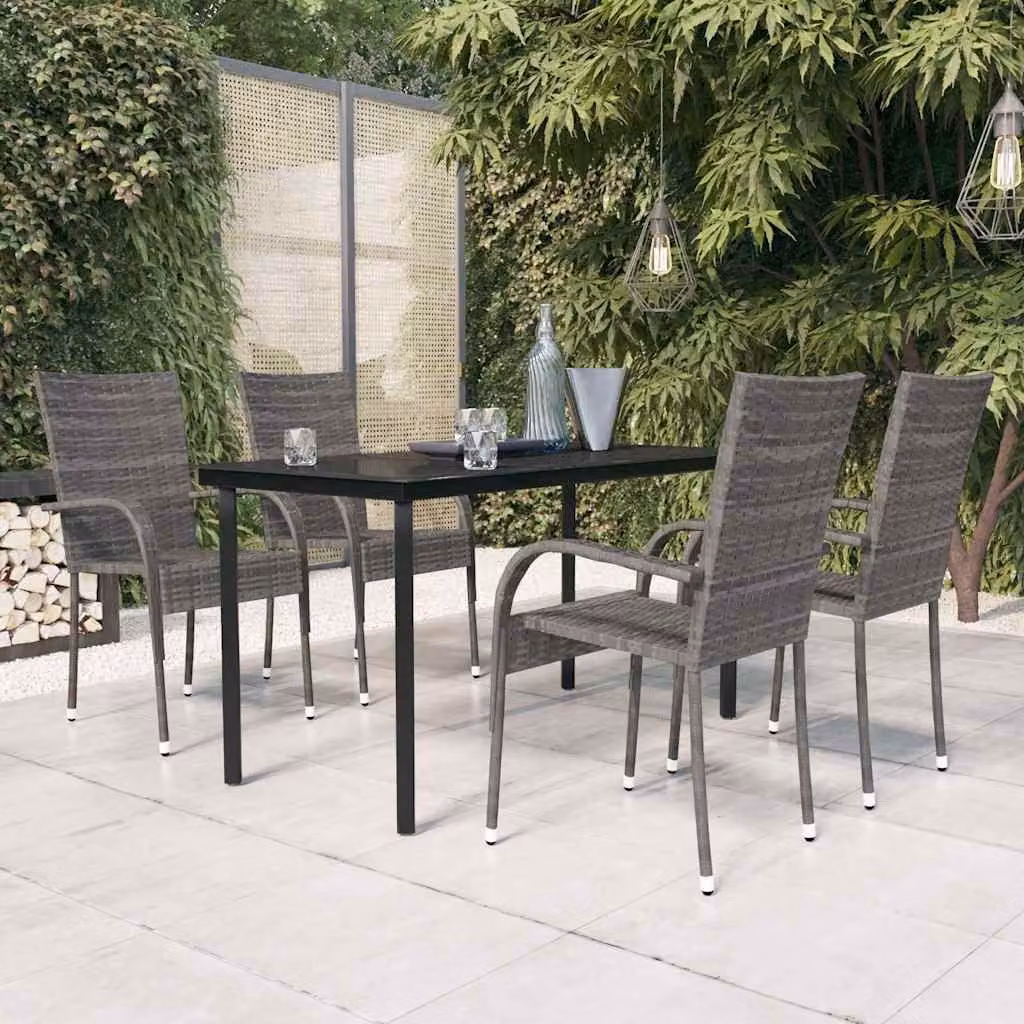 Set Mobili da Pranzo da Giardino vidaXL in Polyrattan con Piano in Vetro, 5 Pezzi, Grigio e Nero