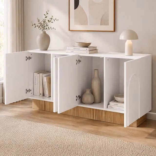 Madia moderna con 4 ante; rilievo a U; 160 × 38 × 75 cm; pannello truciolare; bianco e effetto legno