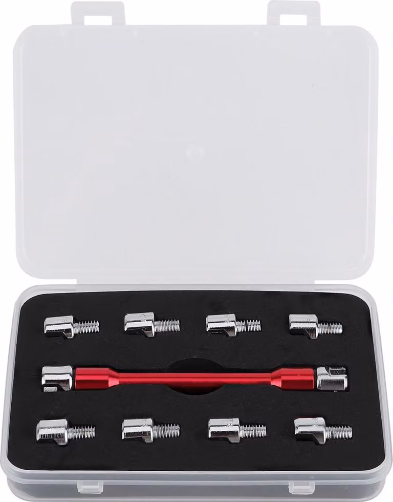 Set di chiavi per raggi di motocicletta, realizzate con tecnologia CNC, con lunghezza da 5,0 a 6,8 mm e dimensioni totali di 93 mm/3,7 pollici, adatte alla maggior parte delle motociclette. Colore: rosso