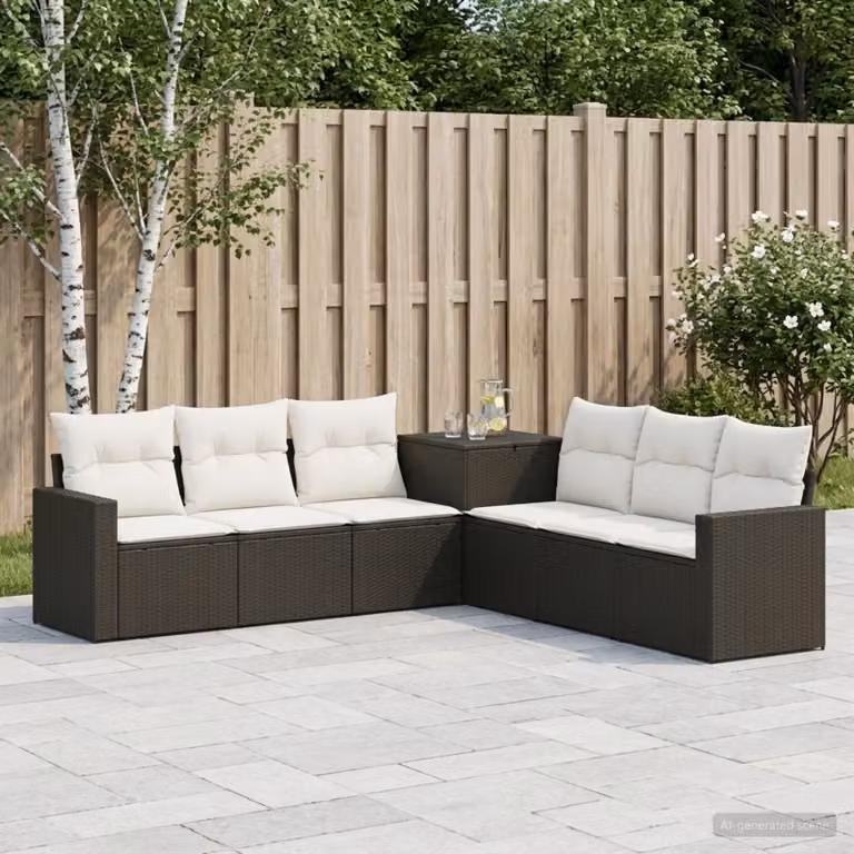Set di divani da giardino moderno vidaXL a forma di L composto da 7 pezzi in metallo nero e tessuto bianco con cuscini inclusi