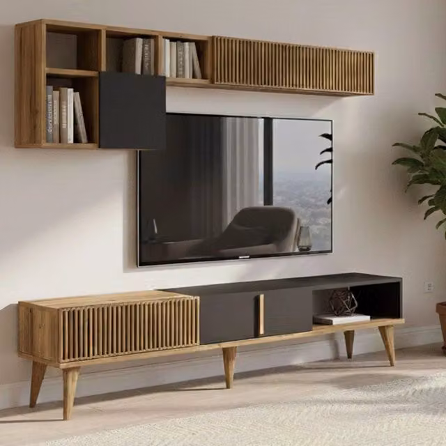 Parete attrezzata Ostro, Composizione soggiorno, Mobile salotto multiuso, Armadio porta TV, 180x35h40 cm, Noce e Antracite