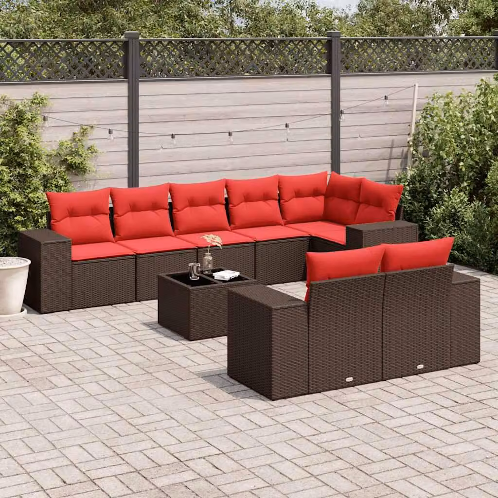 Maison Exclusive - Set divano da giardino 9 pezzi con cuscini, marrone, polyrattan