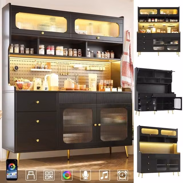 Mobiletto moderno nero 145x39x171 cm con illuminazione LED e app, ripiano a griglia, cassetto e mensole in vetro. Per cucina e soggiorno