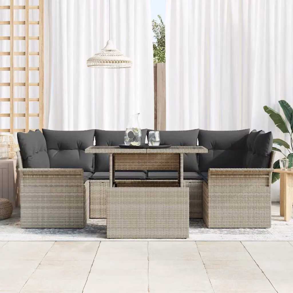 Set Divano da Giardino vidaXL 7 Pezzi a Forma di U Grigio con Tavolino e Cuscini in Rattan e Metallo – 1