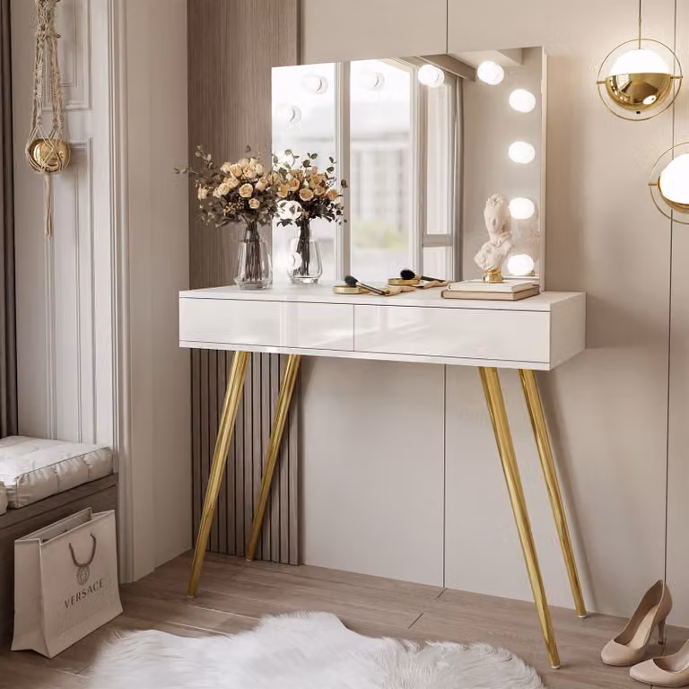 SIENNA GOLD ELITE Toeletta con specchio, bianco lucido, sistema push-to-open