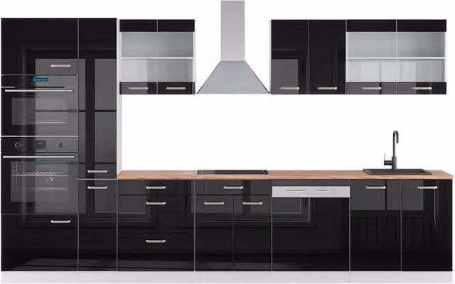 Cucina componibile moderna R-Line Vicco Nero lucido/Bianco con armadio alto e piano Rovere, L: 350 cm – 1