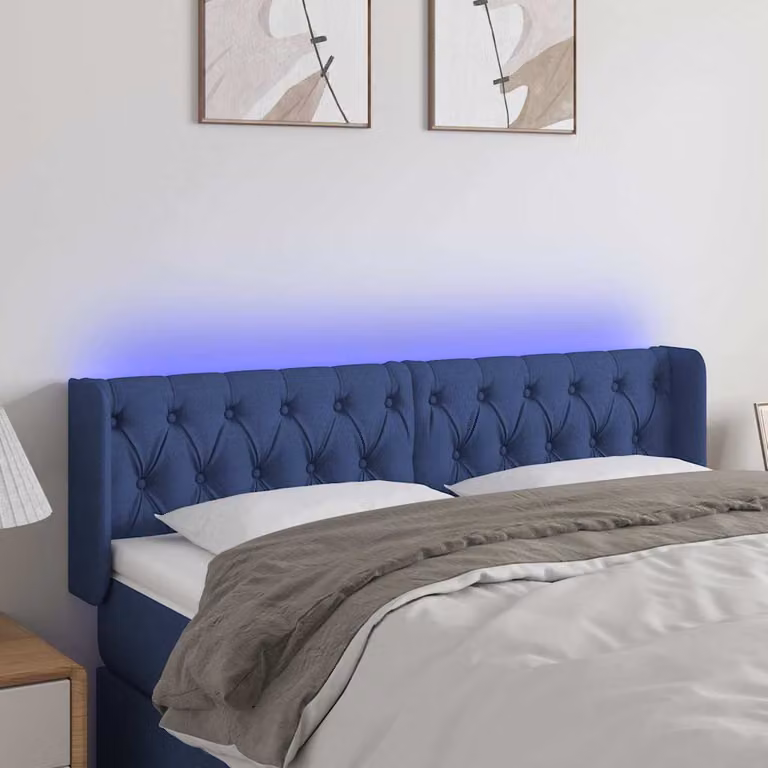 Testiera per letto vidaXL in tessuto blu con illuminazione LED integrata e porta di ricarica USB, L 147 cm x P 16 cm x H 78/88 cm