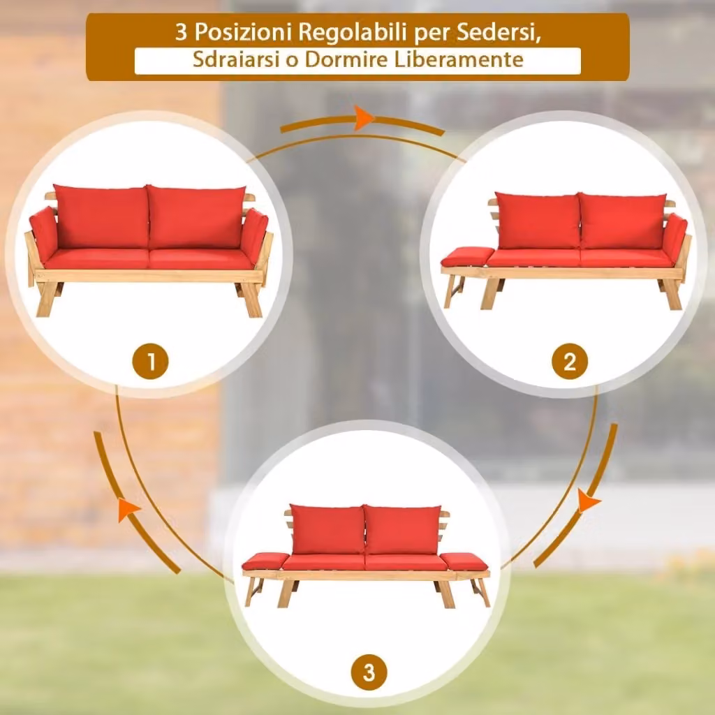 Costway Divano Letto Convertibile in Legno di Acacia con Braccioli Regolabili e Cuscini, Chaise Longue da Esterno per Giardino, Colore Rosso – 2