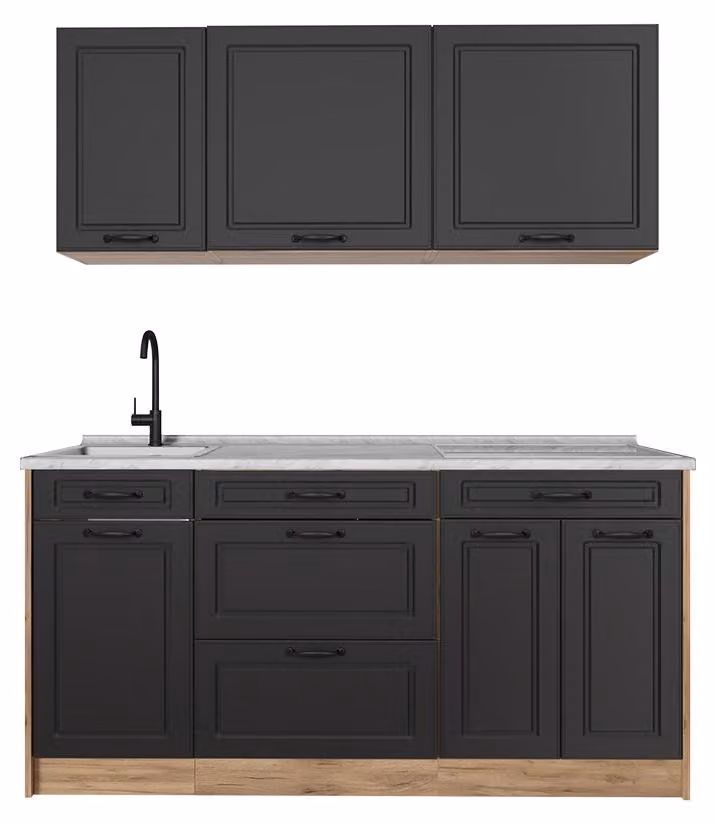 Cucina monoblocco Vicco R-Line Antracite country/Rovere dorato 160 cm piano di lavoro Marmo, Model 67732
