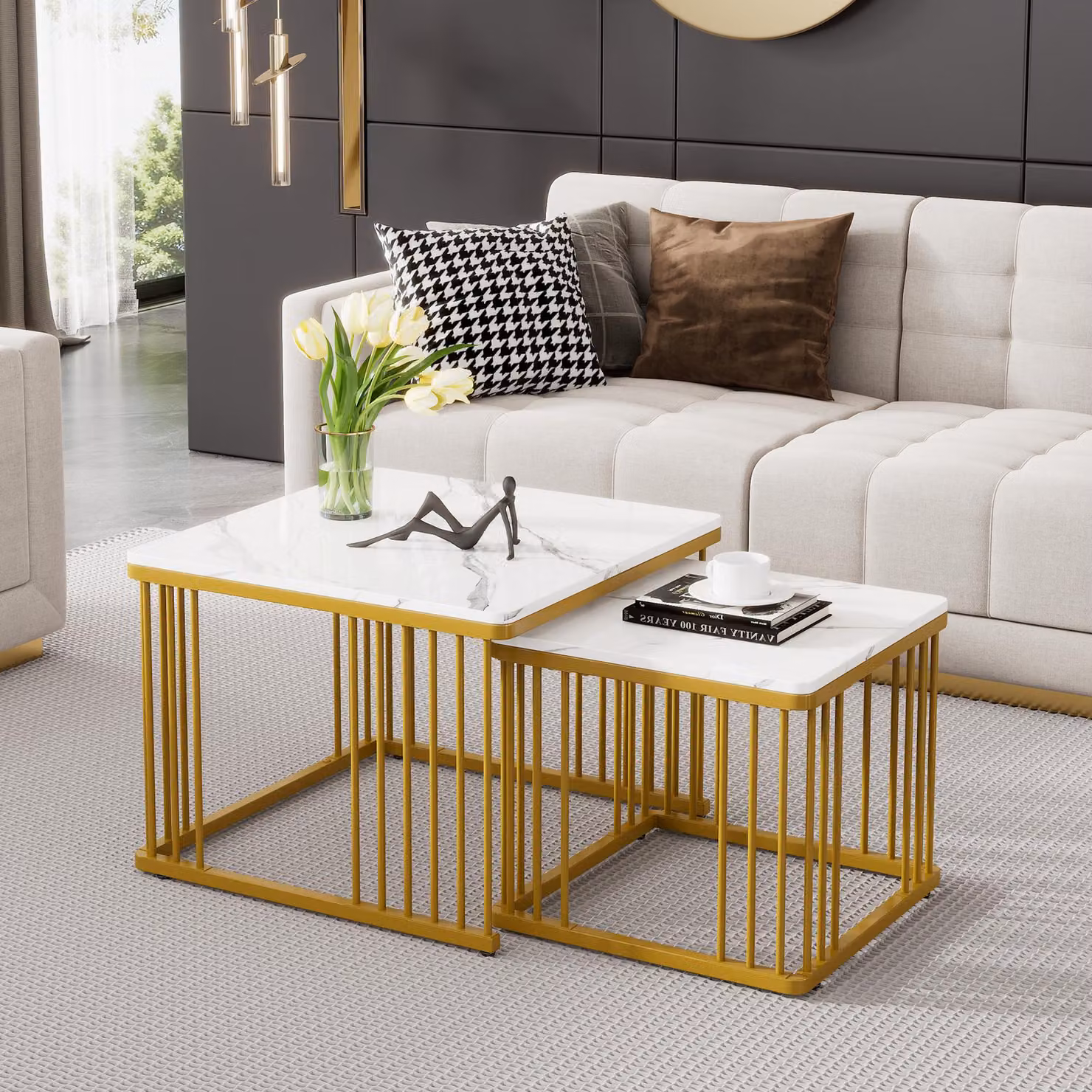 Set di 2 tavolini da salotto quadrati moderni in MDF laminato lucido, colore bianco e oro, con piedini regolabili in altezza, L/P/H: 60 x 60 x 45 cm e 45 x 45 x 40 cm – 2