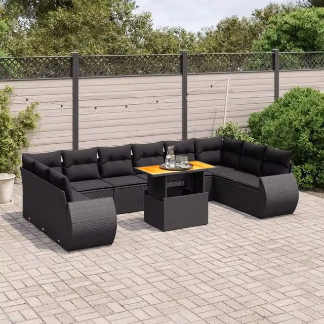 Set di Divani da Giardino VIDAXL a Forma di U in Polyrattan Nero con 11 Cuscini Moderni