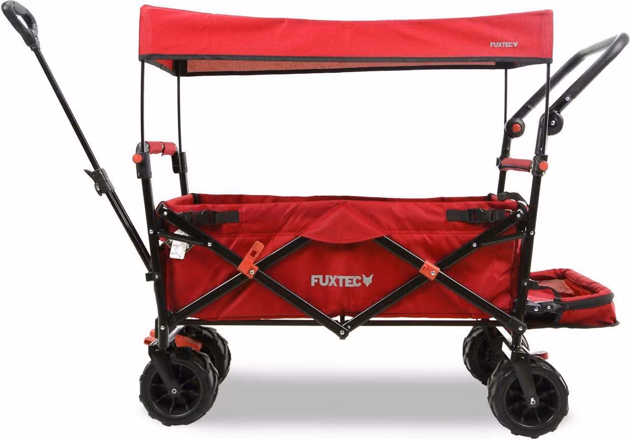 Carrello da spiaggia FUXTEC FX-CTB800 con tettuccio parasole protetto dai raggi UV, maniglia di spinta e prolunga interna Rot