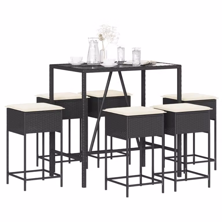 Set Bar da Giardino vidaXL in Polyrattan e Metallo con Cuscini e Tavolo in Vetro, 7 Pezzi, Nero e Bianco