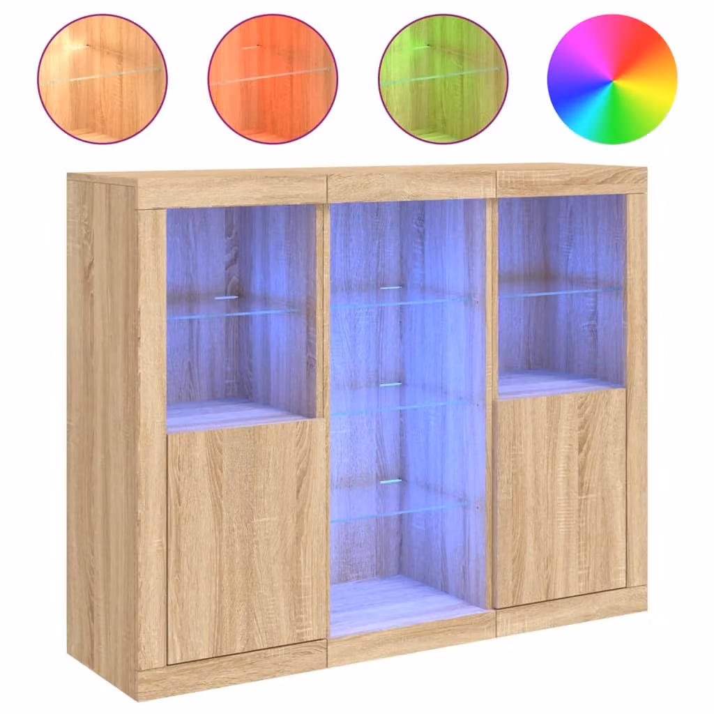 Credenze con Luci LED 3 pz Rovere Sonoma in Legno Multistrato