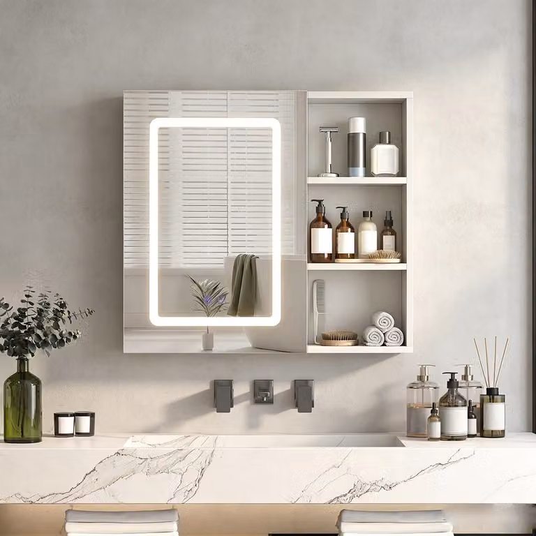 INONEFT, mobiletti specchio da bagno con illuminazione LED a 3 colori e ripiani regolabili, 60,2x60,2 cm, bianco