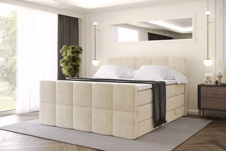Letto boxspring ALTDECOR con materasso e rete a doghe, topper, letto imbottito con contenitore, letto con vano portaoggetti, materassi H3 e H4, letto matrimoniale, letto boxspring -LIRO-Z KING-160x200 - Beige Monolith