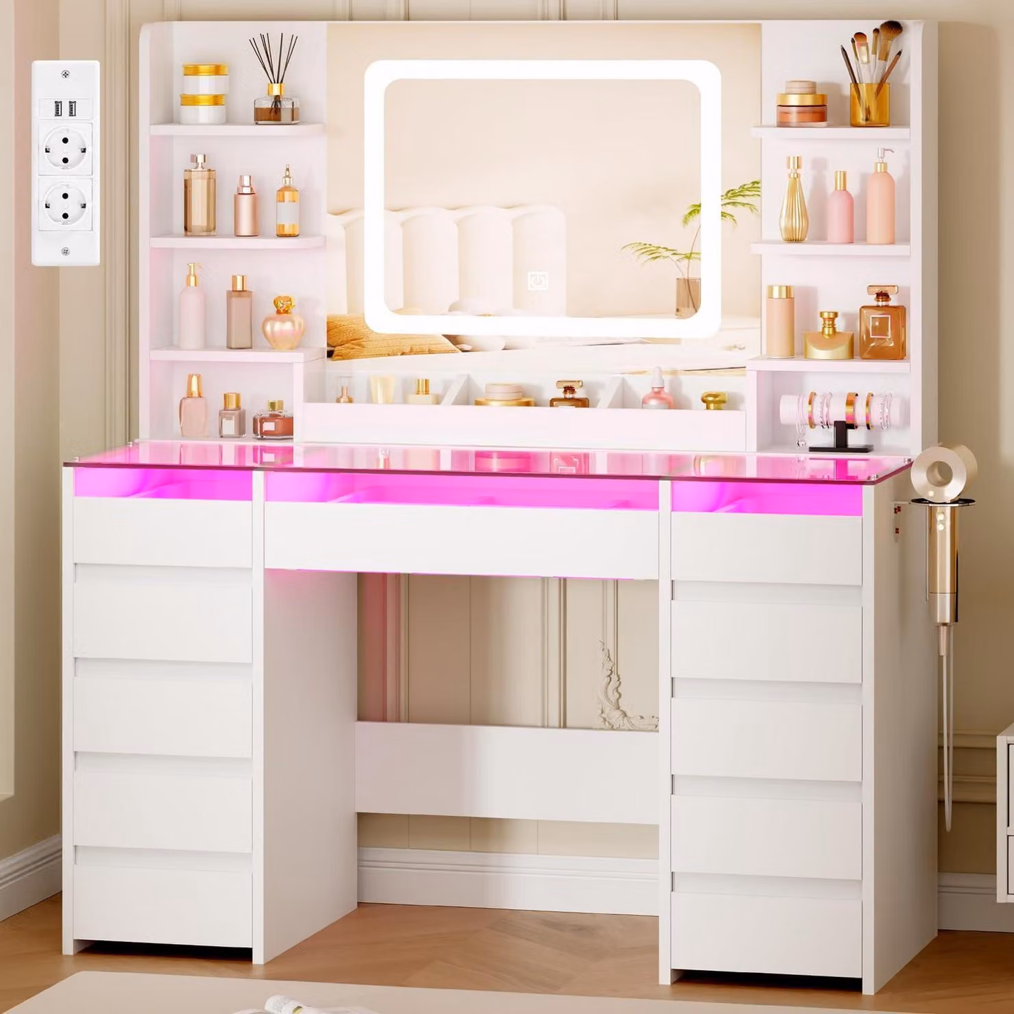 Comò da trucco con specchio e illuminazione RGB, piano in vetro, 11 cassetti, 6 ripiani, presa di corrente, colore bianco