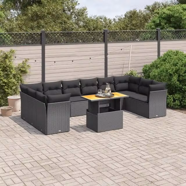 Set di Divani da Giardino Moderno VIDAXL in Polyrattan Nero con Cuscini, Composizione a L da 11 Pezzi