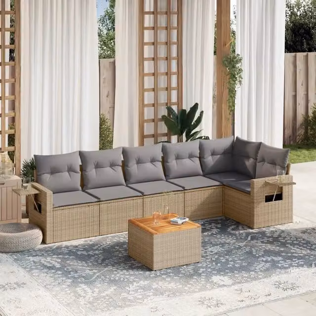 Set Divani da Giardino 7 pz con Cuscini Beige in Polyrattan 3224575