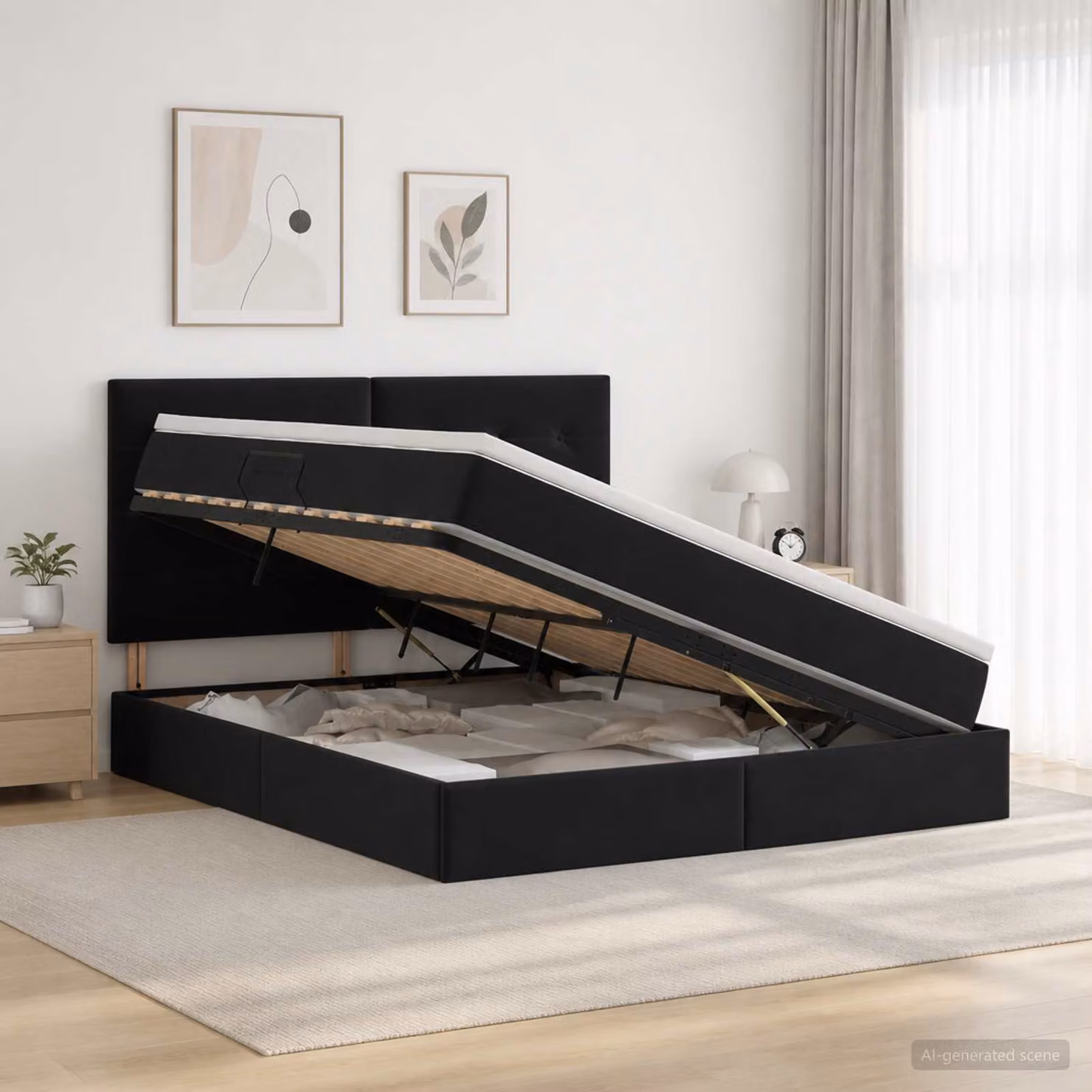 Letto con contenitore vidaXL in velluto nero con illuminazione LED e porta USB, L/P/H: 160 x 200 x 140 cm