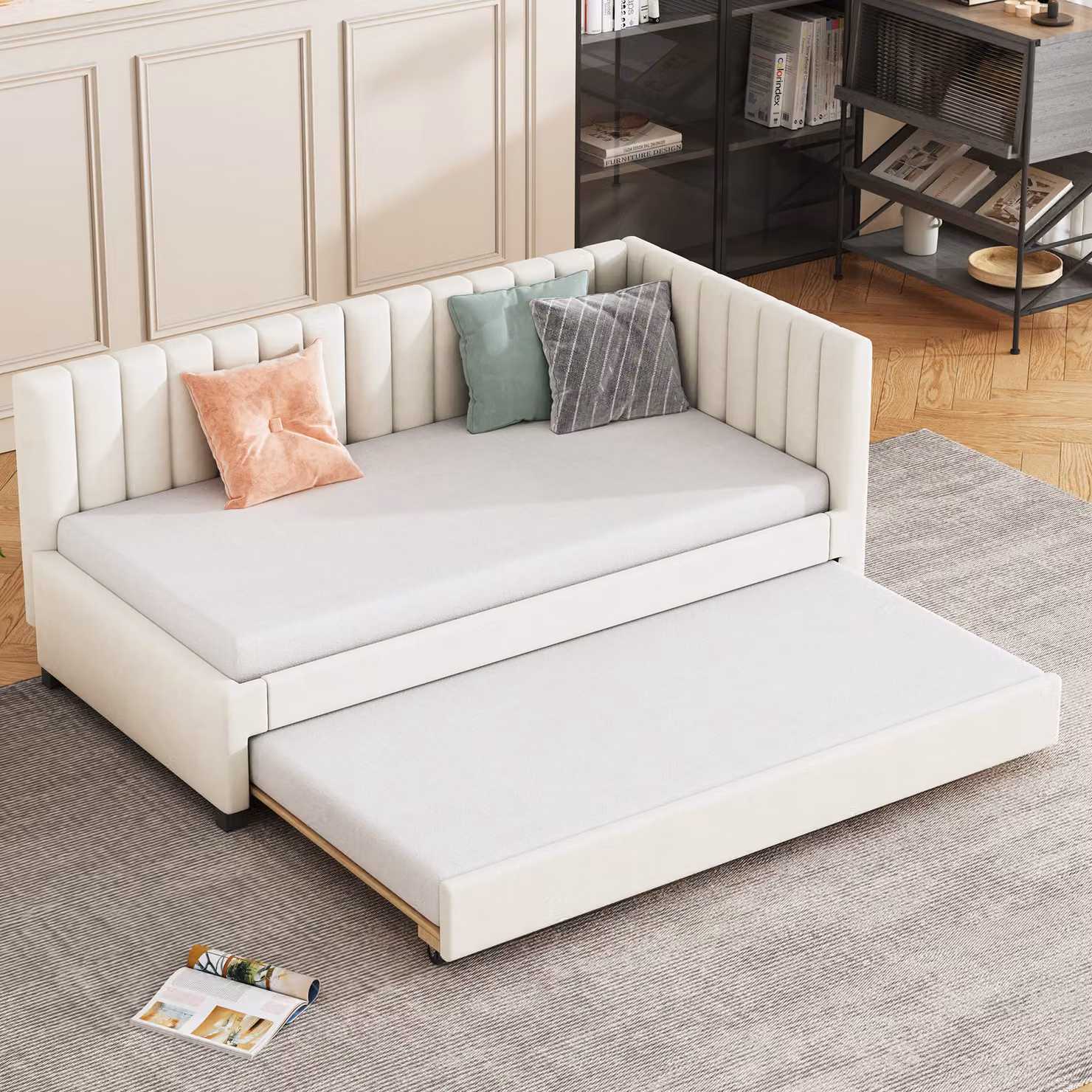 LVHOM daybed 90x200cm, daybed con piano di appoggio allungabile 90x190cm, divano letto beige