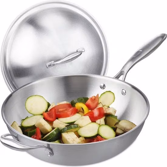 Wokpan in Acciaio Inox senza Verniciatura Antiforfora - Adatto per Gas, Elettrico e Induzione - Con Coperchio